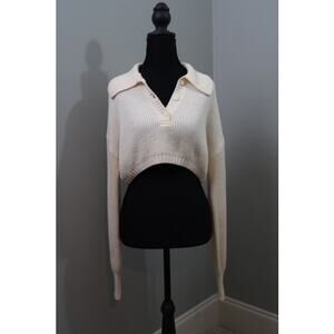 Danielle Bernstein WeWoreWhat Cream Ribbed Collared Cropped Sweater XS